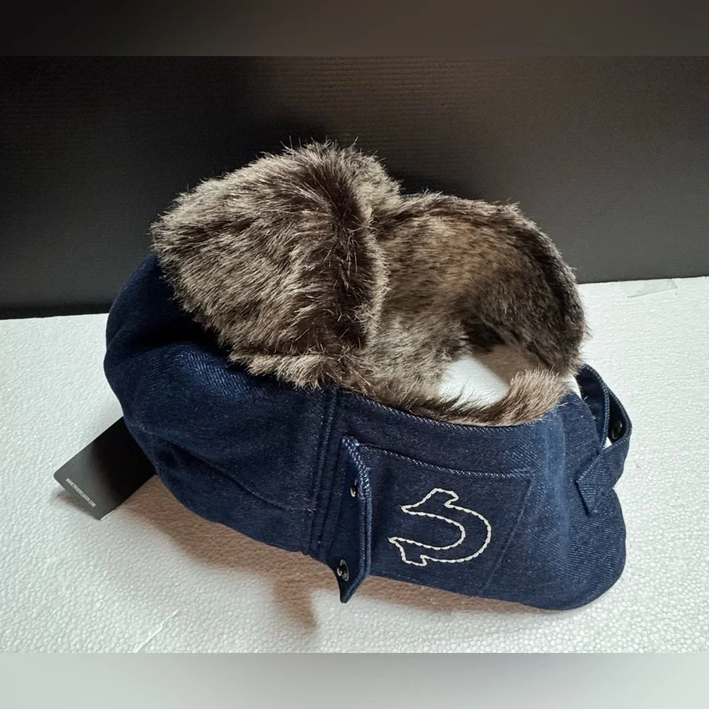True Religion Blue Denim Trapper Hat with Faux Fur